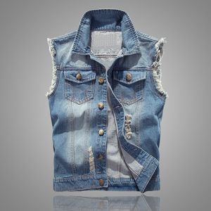 Slim Fit Cowboy mâle en jean déchiré veste pour hommes sans manche