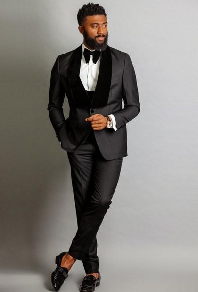 Slim Fit Dark Grey Groom Blue Lapa de barra de chal Boda de la boda Blazer Blazer Excelente traje de 3 piezas (Chaqueta+pantalones+TIE+Vest) 827