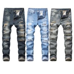 Pantalon en jean mince pantalon masculin nostalgique marque déchirée jeans fashion hétérnat homme hip hop mengais mâle trou bleu clair 240403
