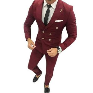 Fit Slim Fit Courses de Mariage à double boutonnage pour Hommes a culminé Vapel Bourgogne Business Business Business 2 pièces Prom Groom Tuxedo Mode X0909