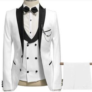Slim Fit Formele Bruidegom Tuxedo voor Bruiloft Prom 3 stuk Witte Mannen Past met Black Peaked Revers Custom Man Mode Kostuum 2020 x0909