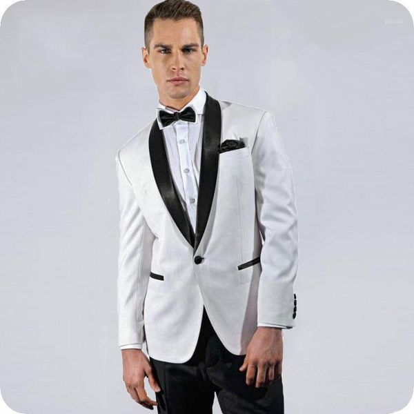 Esmoquin entallado para novio, traje de boda blanco hecho a medida para novio, chal negro con solapa, chaqueta para hombre, chaqueta, pantalones, traje de 2 piezas para hombre