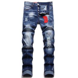 Slim Fit Jeans Hombres Ripped Stretch Blue Men's Washed Motocycle Denim Pantalones Paneles Hip HOP Pantalones 10200