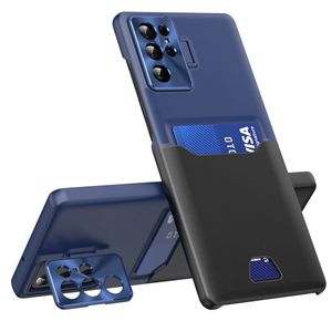 Étuis minces en cuir PU avec fente pour carte, étui pour Samsung Galaxy S22 Ultra S22PLUS, Protection de lentille en métal, housse de téléphone avec béquille