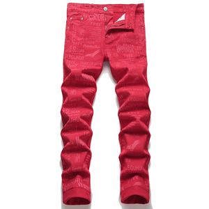 Slim Fit Letter Print heren jeans lente zomer rood stretch denim broek straat casual middentaist skinny broek mode pantalones