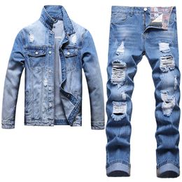 Slanke lichte lichtblauwe mannen kleding sets gescheurd gat 2-delige sets lente herfst herfst spijkerplaats en rechte jeans