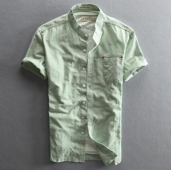 Camisa de algodón de lino de manga corta con cuello mandarín ajustada para hombre, camisas informales de verano con bolsillo, color blanco, verde, azul oscuro, Men039s, 3861961