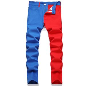 Jeans épissé pour hommes slim micro élastique pantalon de couture de couleurs printemps automne mode décontracté bleu et pantalon rouge