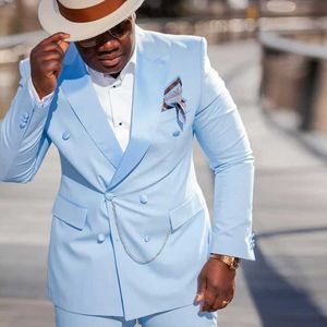 Slim Fit Mannen Past 2020 met Double Breasted Light Sky Blue Peaked reversbruidegom Tuxedos voor Wedding Prom 2 Piece Man Suit Set