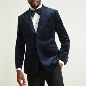Slim Fit Mannen Past voor Bruiloft Navy Velvet Blazer Bruidegom Tuxedos Notch Revers Groomsman Fashion Jacket met zwarte broek 2021 x0909
