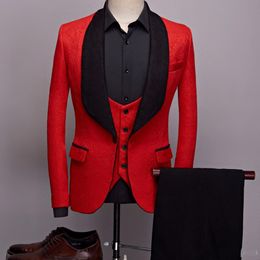 Slim Fit Red Embossing Bruidy Tuxedos Black Velvet Shawl Rapel Groomsman 3 -delige Men Prom Business Suit jas Blazer Jacket Broek Tie Vest 2665