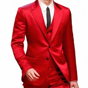 Slim Fit Rouge Hommes Costumes pour Prom Singer Stage 3 Pièce Satin Mariage Marié Tuxedo Mâle Fi Veste Gilet avec Pantalon 2023 P8dt #