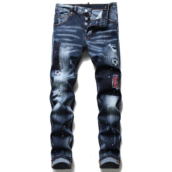 Slim Fit Ripped Patch Jeans Casual Stretch Peinture Denim Pantalon Printemps Automne Coton Pantalon Droit Pantalons Pour Hommes