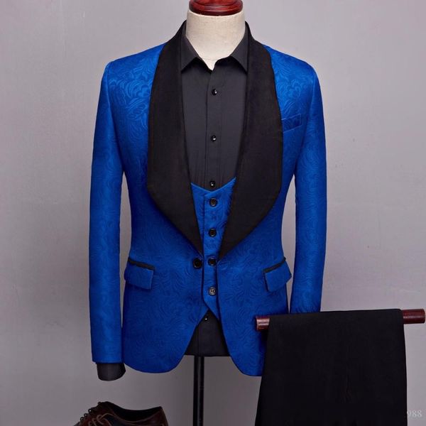 Slim Fit Royal Blue Gaufrage Groom Tuxedos Velours Noir Châle Revers Groomsman 3 Pièces Hommes Bal D'affaires Costume Veste Blazer Veste Pantalon Cravate Gilet 2663