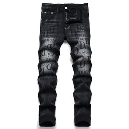 Slim Fit Stretch Zwarte herenjeans Lente Herfst Letter Print Vaqueros Casual Rechte Streetwear Halfhoge katoenen spijkerbroek