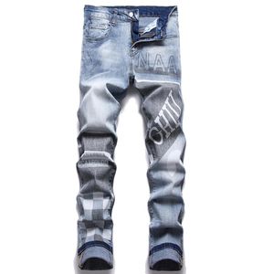 Slim Fit Stretch Blue Men039S Jeans printemps lettre d'automne imprimement Vaqueros Fashion Streetwear Streetwear Coton Cotton Denim Pants9748759