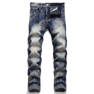 Slim-Fit Stretch Hommes Jeans Rétro Bleu Lettre Imprimer Pantalon Maigre Printemps Automne À La Mode Urbain Mi-Taille Streetwear