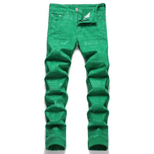 Jean Slim extensible pour hommes, pantalon vert imprimé de lettres, pantalon de rue d'été et d'automne, pantalon en Denim de coton décontracté