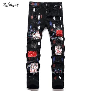 Slim Fit Stretch Skinny Jeans voor Heren Mode Gescheurd Pactchwork Streetwear Winter Punk Verfgaten Rechte potloodbroek