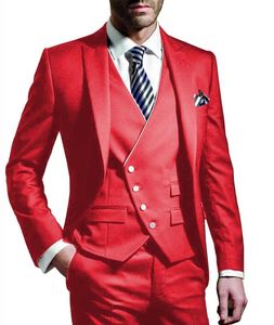 Slim Fit pastèque rouge Groom Tuxedos Peak Revers Groomsman 3 Pièce Hommes Costume De Bal D'affaires Veste Blazer Veste Pantalon Cravate Gilet 2665