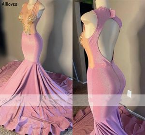 Slim gemonteerde roze prom -jurken voor Afrikaanse meisjes sexy halter pure nek luxe steentjes speical gelegenheid avondjurken lange zeemeermin rugloze formele slijtage cl2191