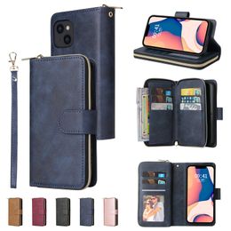 Slim lanyard folio 9 kaartslots telefoonhoesje voor Samsung Galaxy A13 A53 A33 A73 5G A12 A42 A52 A72 A32 A22 A82 A51 A71 A71 A10S A20S A20S A20S A20S Multi-Functionele Zipper Portemorne Portemet Shell