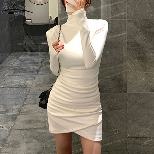 Vestido blanco ajustado de manga larga primavera plisado cuello alto cadera mujeres por encima de la rodilla fruncido elegante vestido de tubo 12975 210427