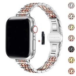 Bracelet en métal mince sept perles Brochet en acier inoxydable pour Apple Watch Series 8 7 6 5 4 9 Ultra2 Remplacement des bandes Iwatch Bands 45 mm 41mm 38 mm 42 mm 49 mm 40 mm 44 mm