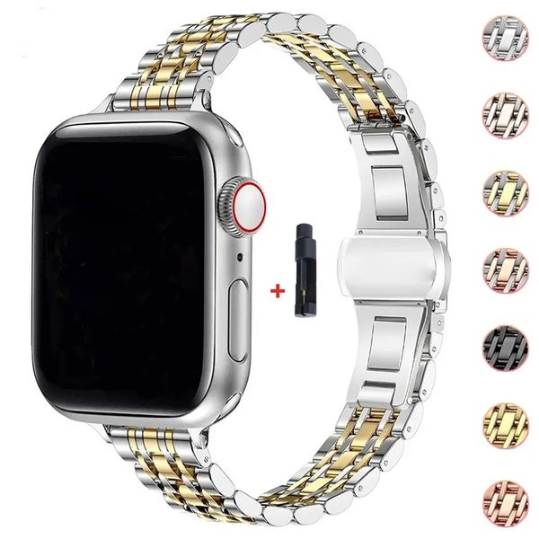 Pulsera de metal delgado siete cuentas correa de acero inoxidable para Apple Watch 45 mm 41 mm 38 mm 42 mm 49 mm 44 mm 44 mm Bandas de velas Iwatch Bands Serie 8 7 6 5 4 3 9 Accesorios Ultra2