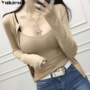 Slanke Sexy Vrouw Tshirt Top Lange Mouw 2 Stuk Zomer Katoenen T-shirt Dames T-Camisole Casual Tee Femme 210608