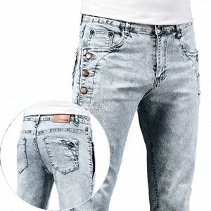 Slim Skinny Jeans Hommes Nouveau élastique Design coréen Fi Multi-Butt Bleu Blanc Vintage W Cott Stretch Denim Pantalon Pantalon w4Ab #