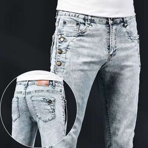Slanke skinny jeans heren nieuwe elastische Koreaanse design mode multi-knop blauw witte vintage wassing katoen stretch denim broek broek