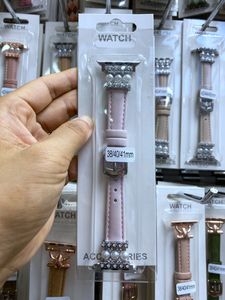 Luxe Pearl Watch Band -band voor Apple Watches Bands 38 mm 40 mm Inset Diamond Slim Watchbands Iwatch 3 4 5 7 41mm metal connector Real Cow Leather Lederen Dames Girls Girls