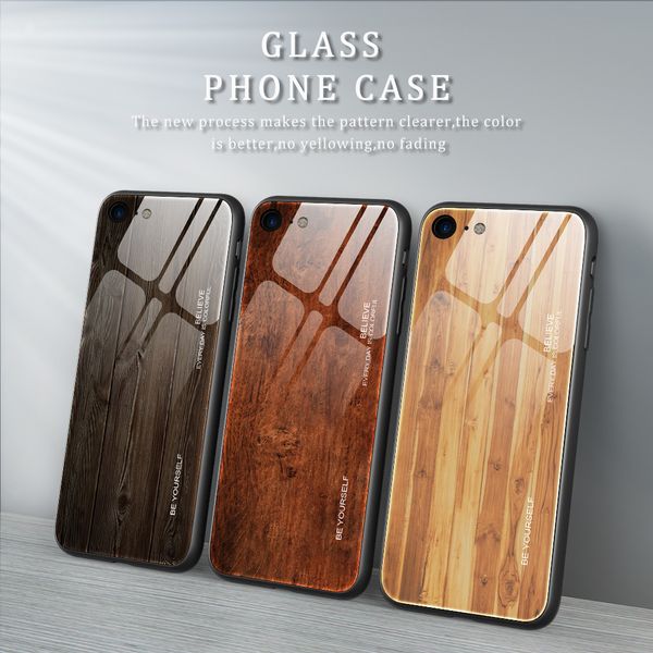 Estuches de vidrio templado de grano de madera brillante delgado delgado para iPhone SE 11 Pro Max XS XR X 8 7 6 Plus 12