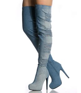 Slanke teen ronde dames stijl blauw denim platform boven knie dunne uitgesneden Jean hak laarzen jurk schoenen 5