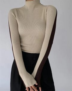 Pull à col roulé mince pour les femmes, pull à tricot, manches longues, chemise inférieure, chemisier doux, automne, hiver, 2023