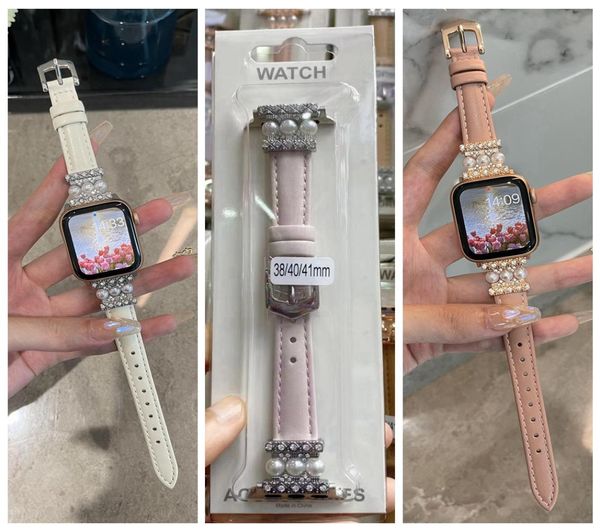 Slim Watch Band Real Cow Leather For Apple Watch Stracles 45 mm 42 mm 38 mm 40 mm Iwatch 3 4 5 7 41 mm Bands Metal Connector Pearl Diamon1079015