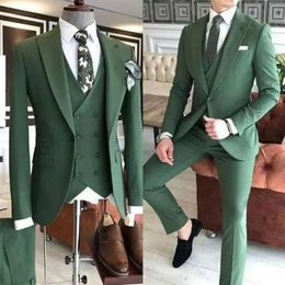 Slanke brullen één knop groen fit klassieke tuxedos heren pakken bruidegom formeel slijtage prom feest blazer 3 stuks jasje broekvest