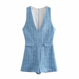 Slanke dames blauw v nek rompers zomer mode dames wollen doek hoge taille vintage vrouwelijk getextureerde korte jumpsuit 210515
