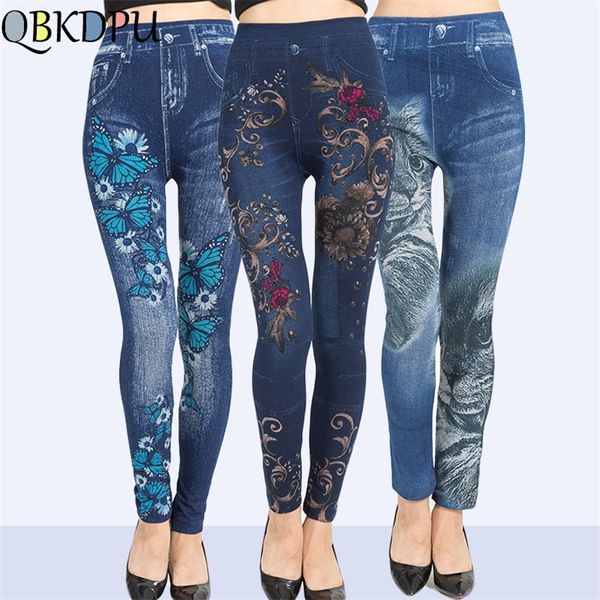 Slim femmes push up coton crayon pantalon d'été maman occasionnels plus la taille élastique faux denim jeans femme sexy imprimé leggings LJ201006