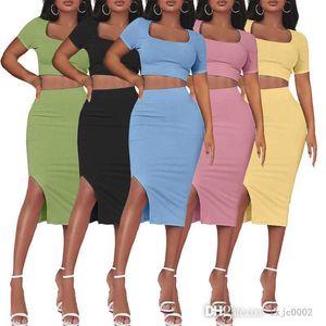 Slim femmes deux pièces robe ensemble nouveau printemps été fileté col carré à manches courtes haut court et fendu demi jupe tenues