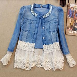 Veste en jean pour femmes minces décoration de perles manteau de mode en dentelle section mince ourlet en maille blanche haut de lavage solide 001 220722