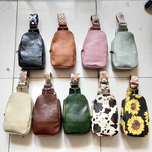 Sac à bandoulière avec sangle de guitare, sac à bandoulière en cuir végétalien imprimé vache, petits sacs banane multifonctionnels, sacs de taille tournesol, sac de poitrine de couleur unie