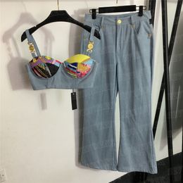 Sling Denim Vest Jeans Sets Voor Vrouwen Luxe Metalen Schouder Gesp Tank Top Hoge Taille Broek 2 stks Pakken