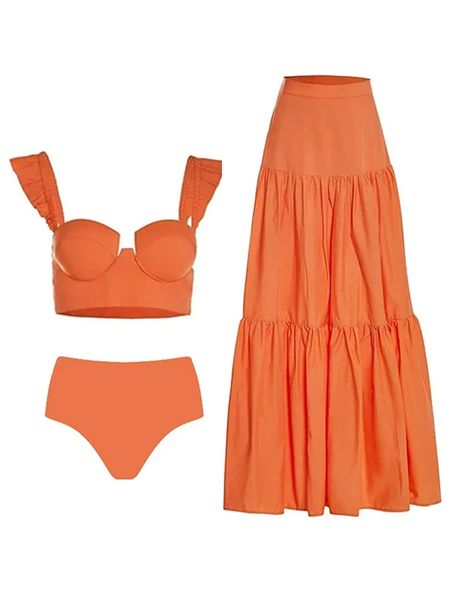 Sling Ruffle Beachwear pour fille Swimswear Summer Female Couleur solide Bikini et Jupe de plage BodySity Vacation Sexy 240423