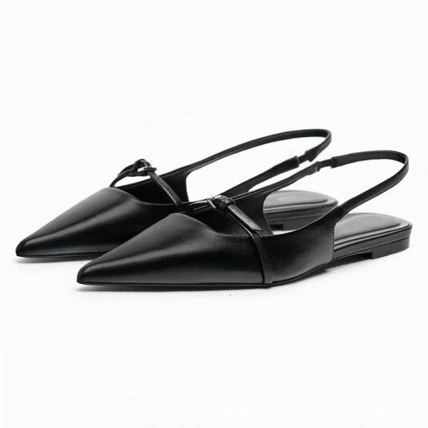 Slingback Flats Bottom Women Sandales Summer en cuir noir pointu de balle chaussures Ballet Fashion Low-Heel Woman Chaussures 240401