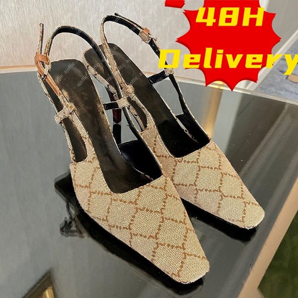 Slingback Tacones altos Sandalias de diseñador Mocasines Bomba de mujer Tacón medio Malla negra con cristales Estampado brillante Tacón de gatito Diapositivas con correa en el tobillo de cuero de goma