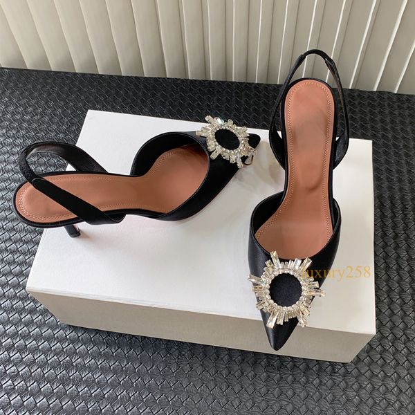 Slingback talons hauts sandales chaussures habillées satin strass pompes designer cristal véritable cuir femmes diapositives noires chaussure de mariage de luxe avec boîte