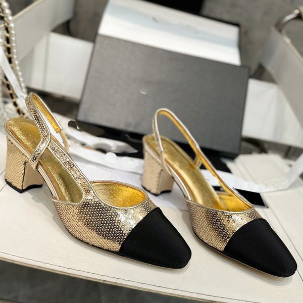 Slingbacks Diseñador para mujer Zapatos de vestir de lujo Sandalias de tacón alto grueso 6 cm Glitter Sandalias de tacón dorado Plataformas de piel de oveja Zapatos de fiesta