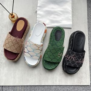 Slip Mode Geborduurd Canvas Designer Slides Dames Slippers op Meisjes 60mm Overdekte Platform Sandalen Maat 35-45 met Doos